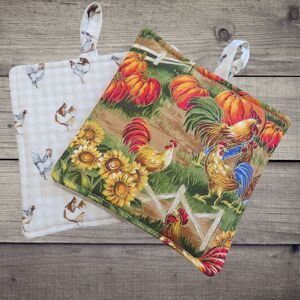 Handmade Potholder, Set of 2, Reversible Fall Pumpkins Roosters and  Chickens